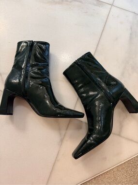 Zara Dark dark Green Patent Leather Ankle Boots with Block Heel